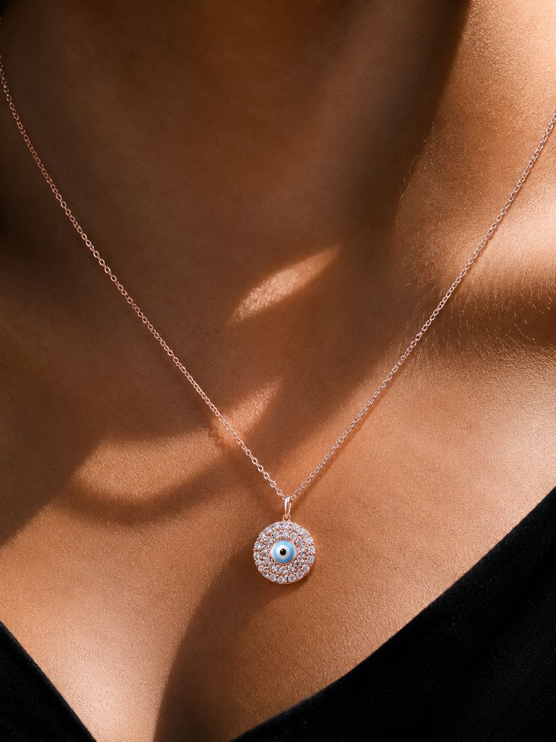 Pure 925 Silver Rose Gold Doritta Evil Eye Pendant With Chain