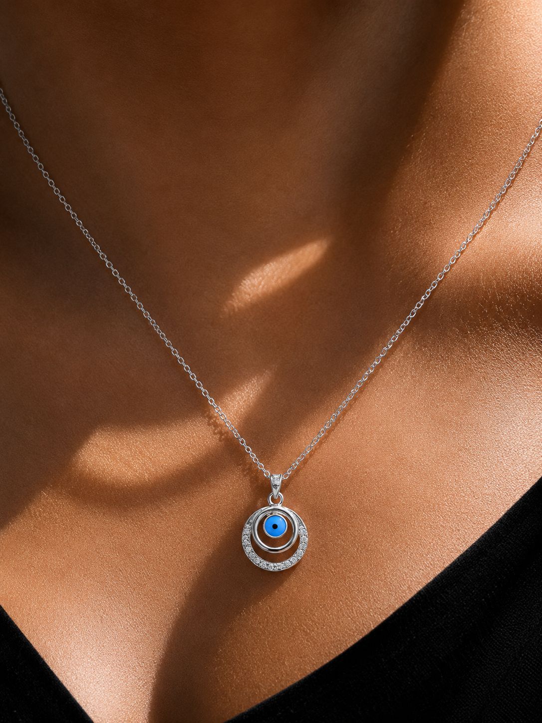 Double Layered Somy Evil Eye Pendant with chain on pure 925 Silver