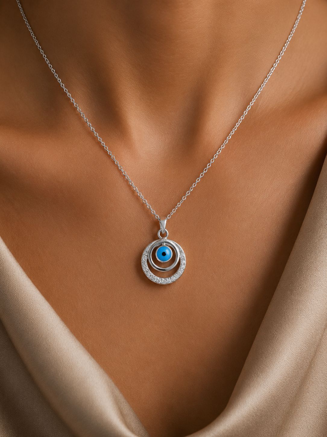 Double Layered Somy Evil Eye Pendant with chain on pure 925 Silver