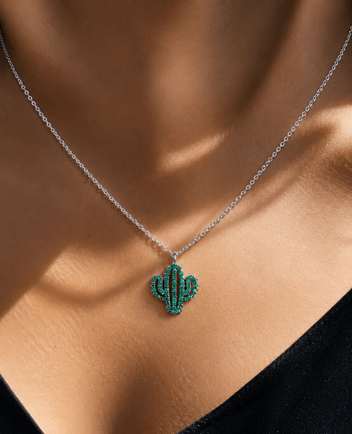 Green Cactus Pendant with Chain on Pure 925 Silver