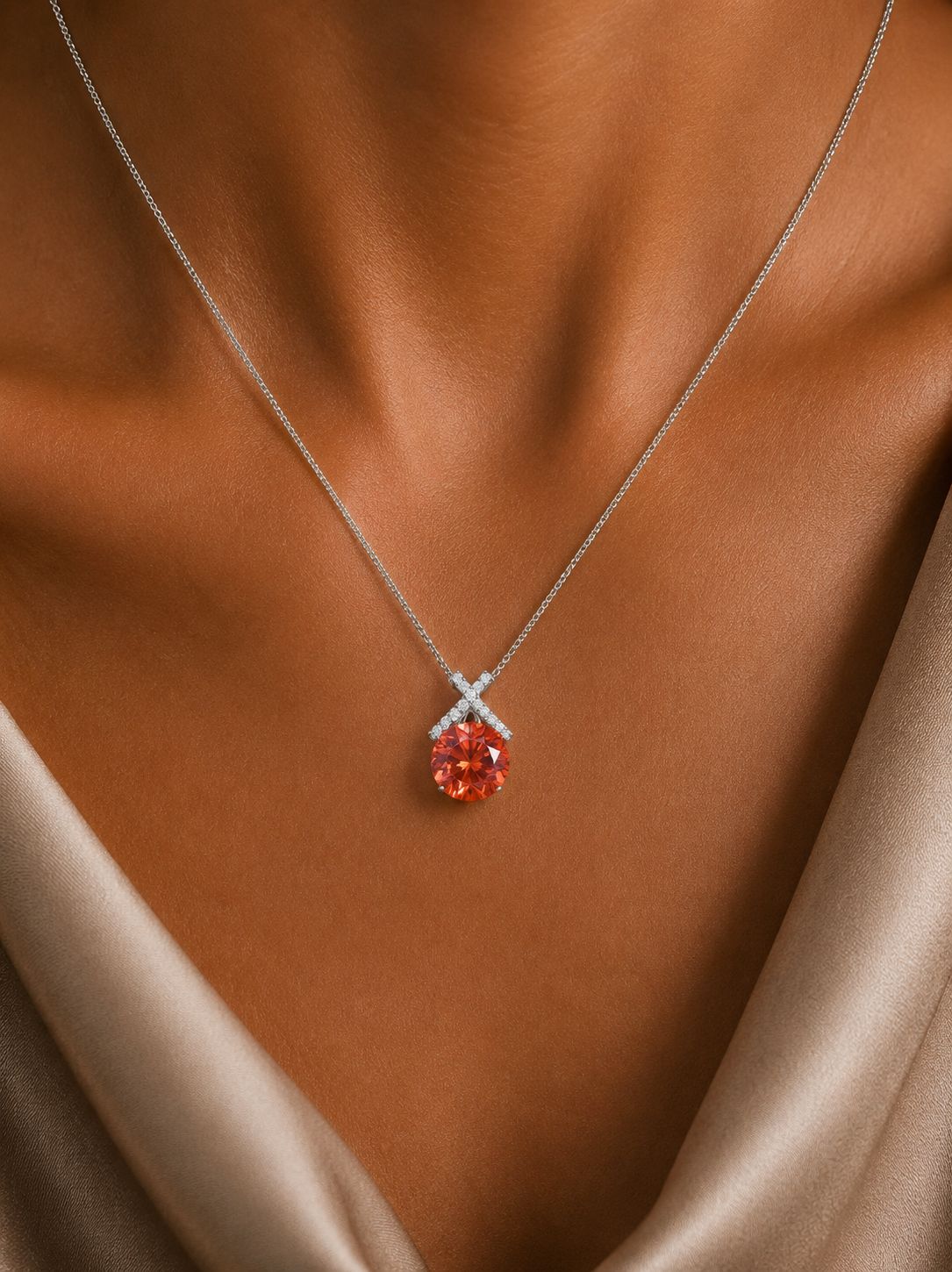 3 Carat Red Diamond Solitaire Angela Pendant With Chain on Pure 925 Silver