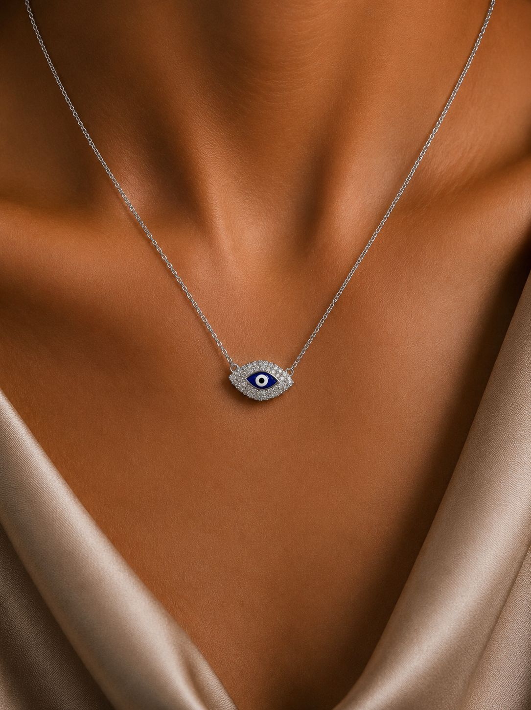 American Diamond Studded Josie Evil Eye Pendant With Chain on Pure 925 Silver.