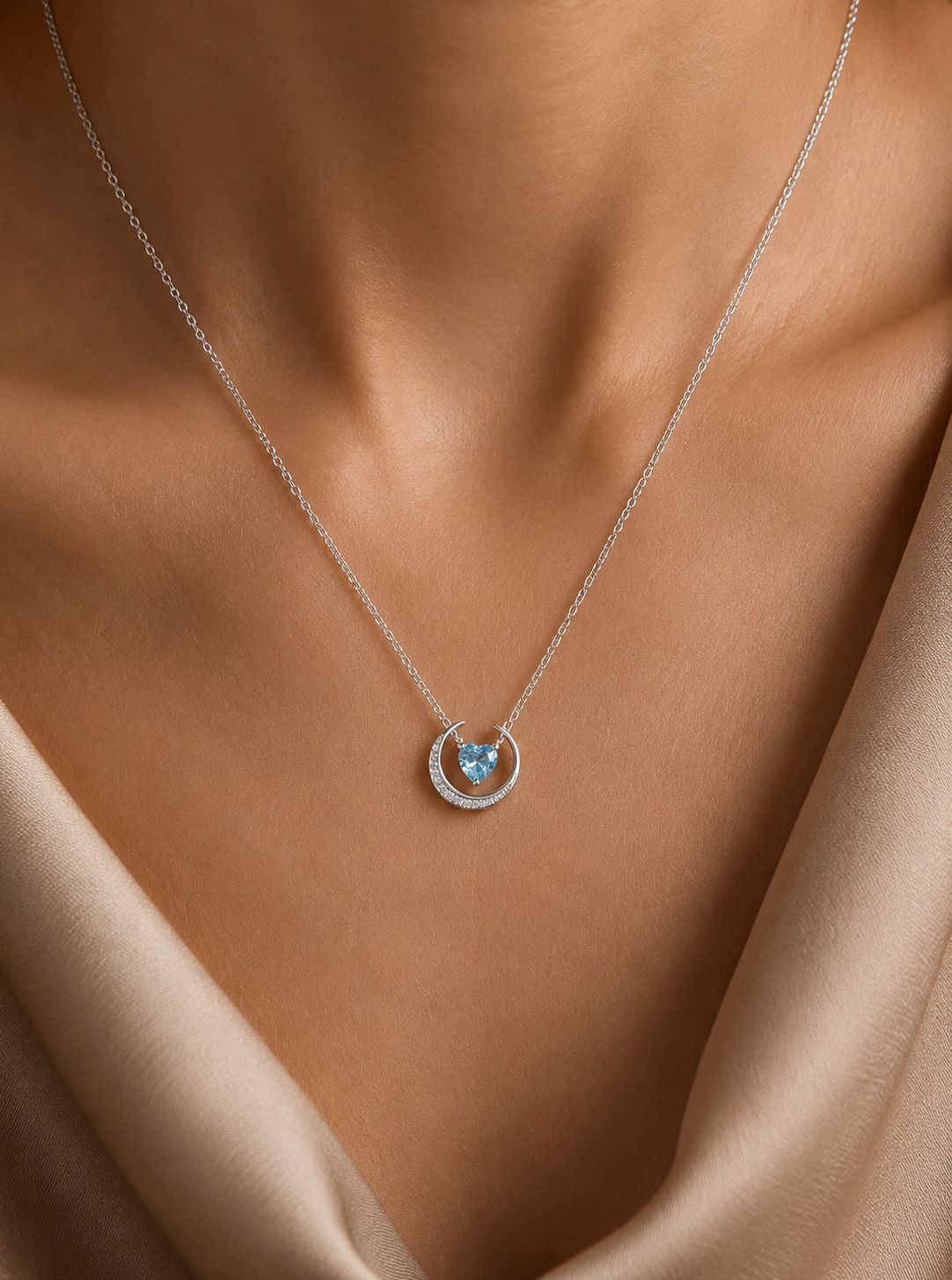 Blue Heart Solitaire and Diamond Studded  Moon Pendant with chain on pure 925 Silver