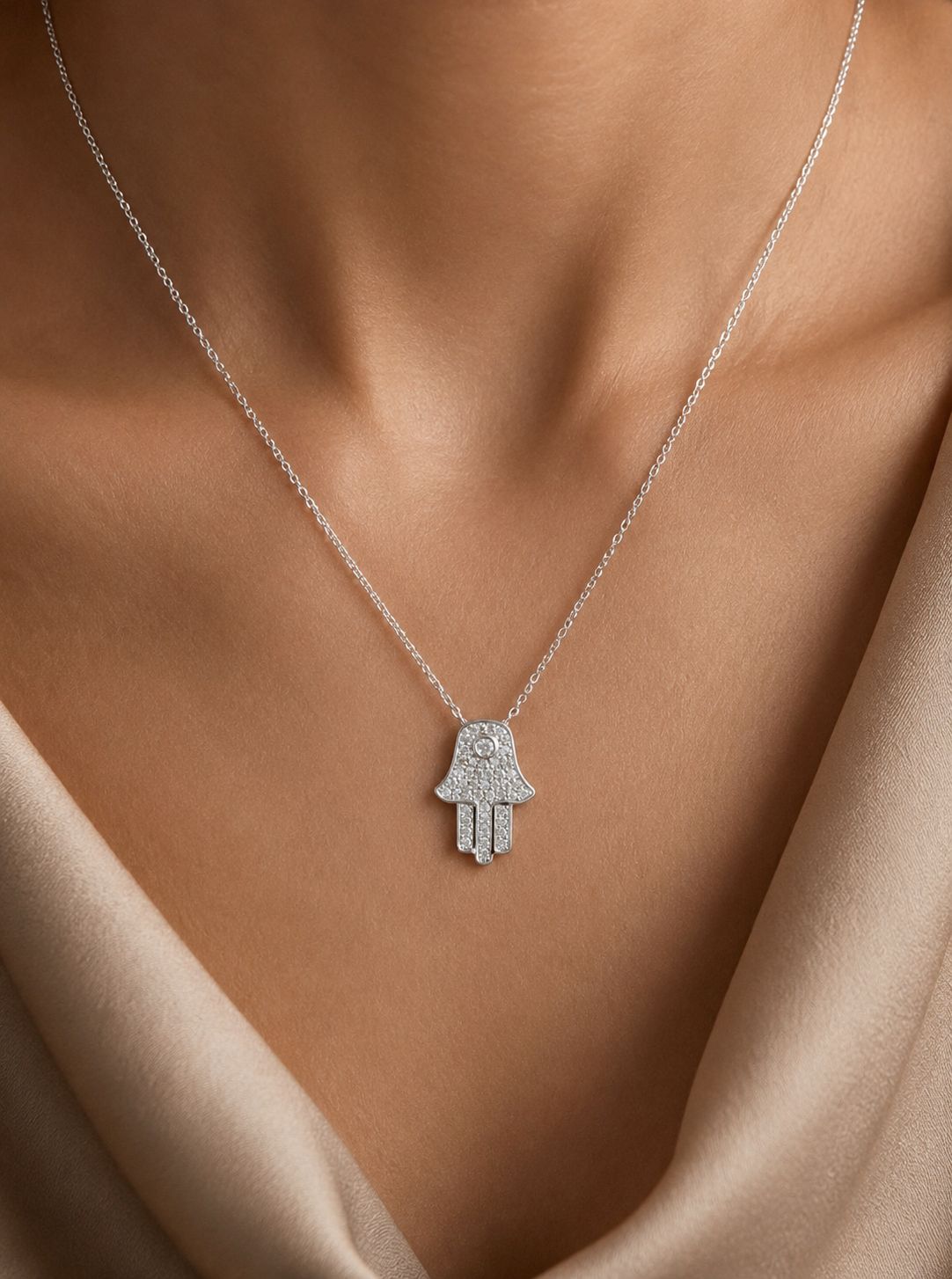 American Diamond Studded Hamza Pendant with Chain On Pure 925 Silver