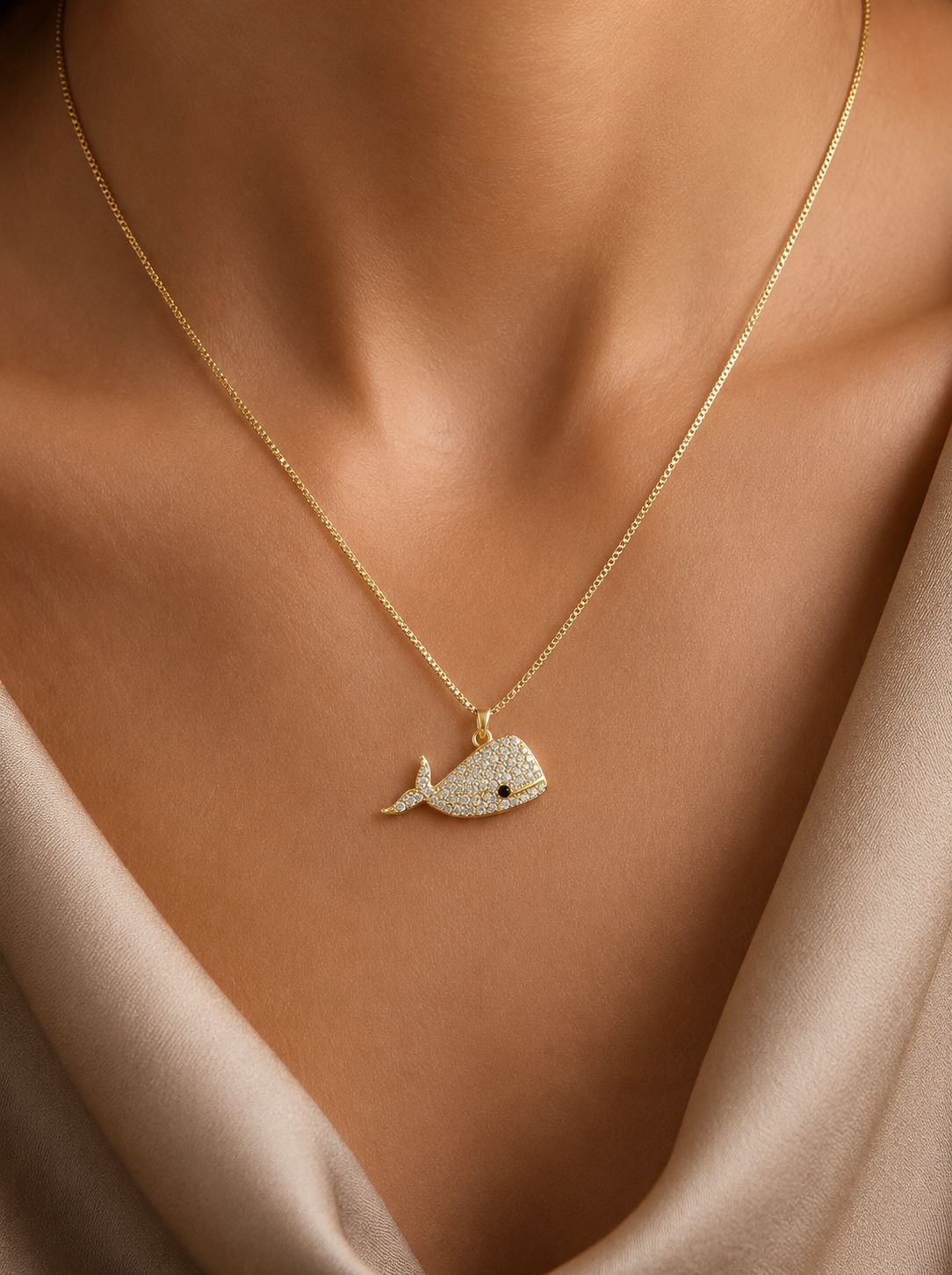 18k Gold Finish Diamond Studded Dolphin Pendant with Chain on Pure 925 Silver.