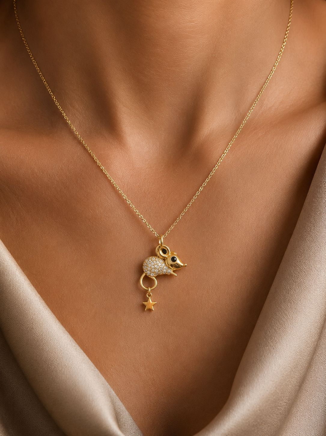 Pure 925 Silver American Diamond Studded Gold Finish Jerry Mouse Pendant With Chain