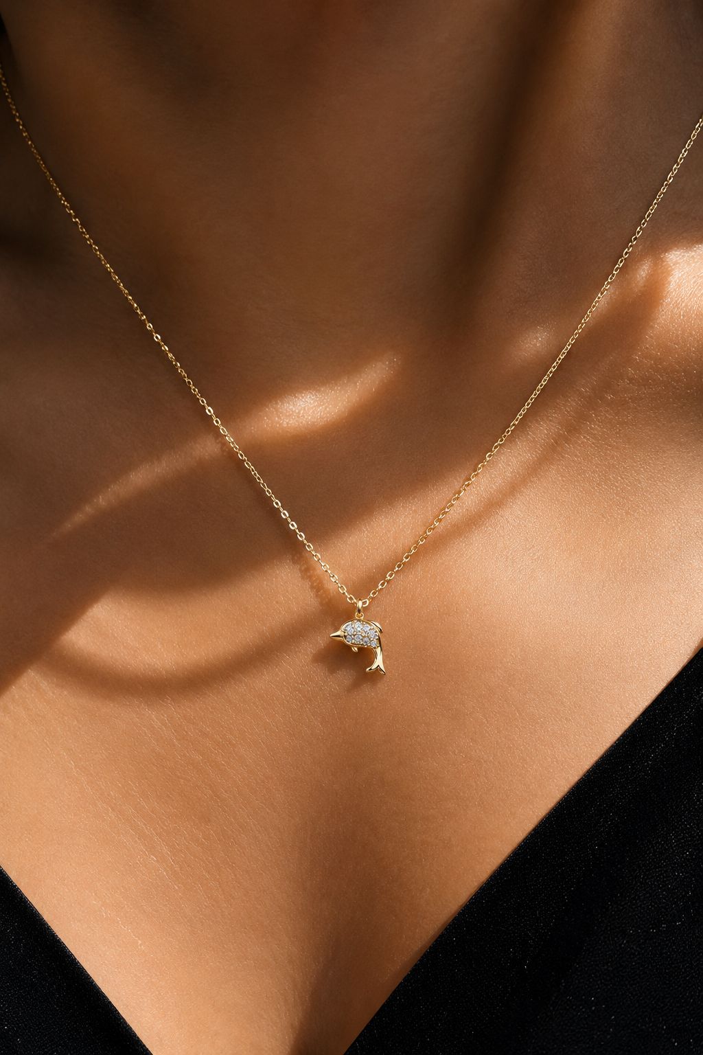Gold Finish Diamond Studded Solid Dolphin Pendant With Chain on Pure 925 Silver