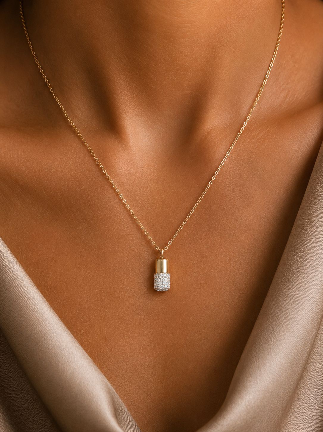 18k Gold Finish Diamond Studded Capsule Pendant with Chain on Pure 925 Silver