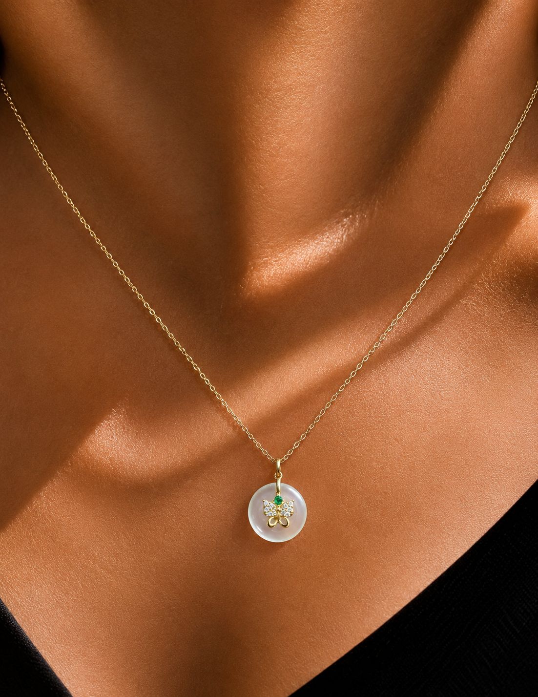 18k Gold Finish American Diamond Studded Butterfly on a Crystal Pendant with Chain on Pure 925 Silver.