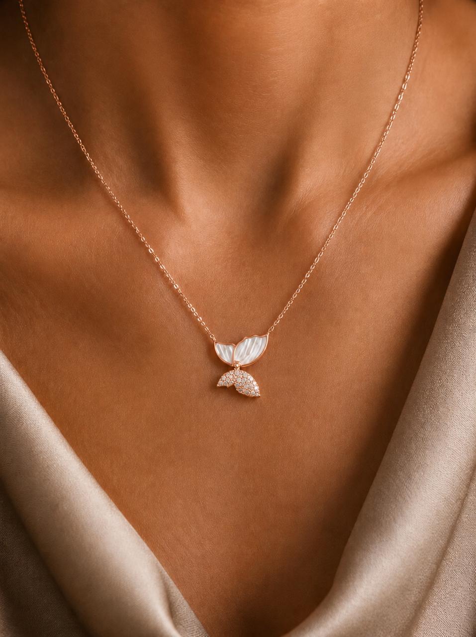 Rose Gold Finish American Diamond Studded Mother Pearl Butterfly Serena Pendant with Chain on Pure 925 Silver.