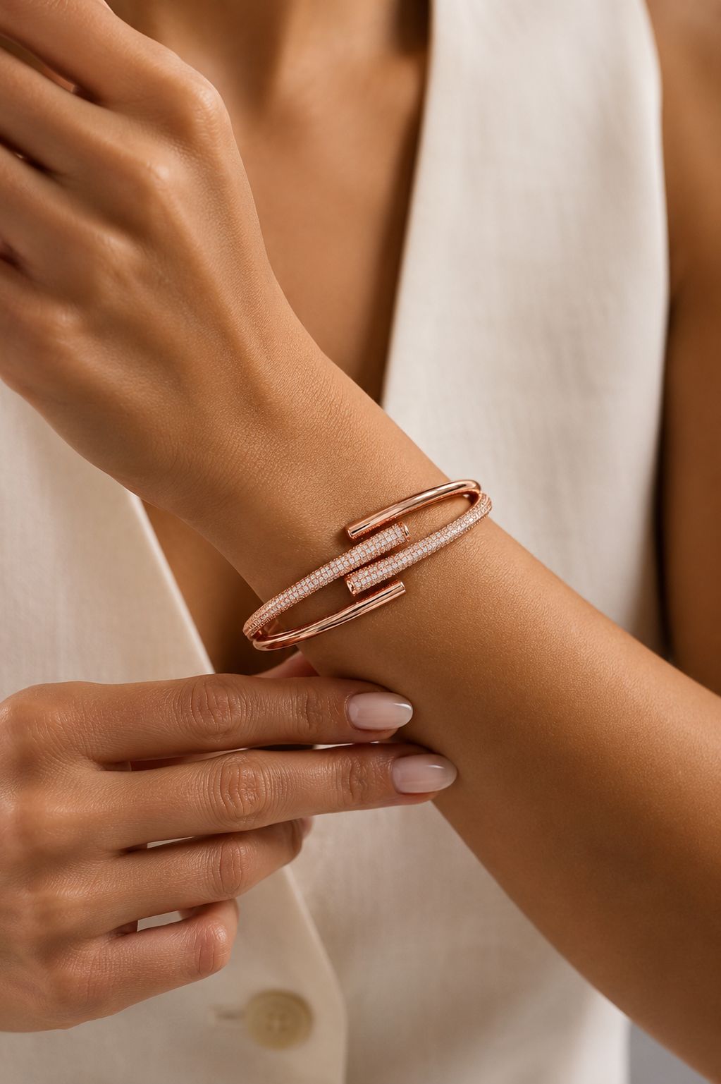Ultra Premium Rose Gold Finish Solid Pure Silver Three Line Micro Setting Diamond Bracelet