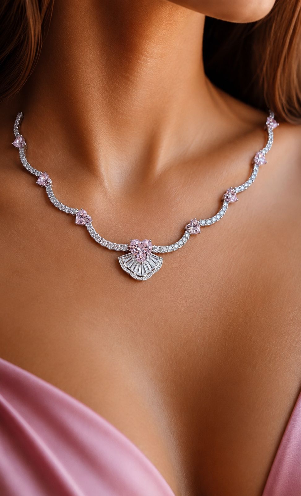 Premium American Diamond and Pink Heart Solitaire Necklace on Pure 925 Silver