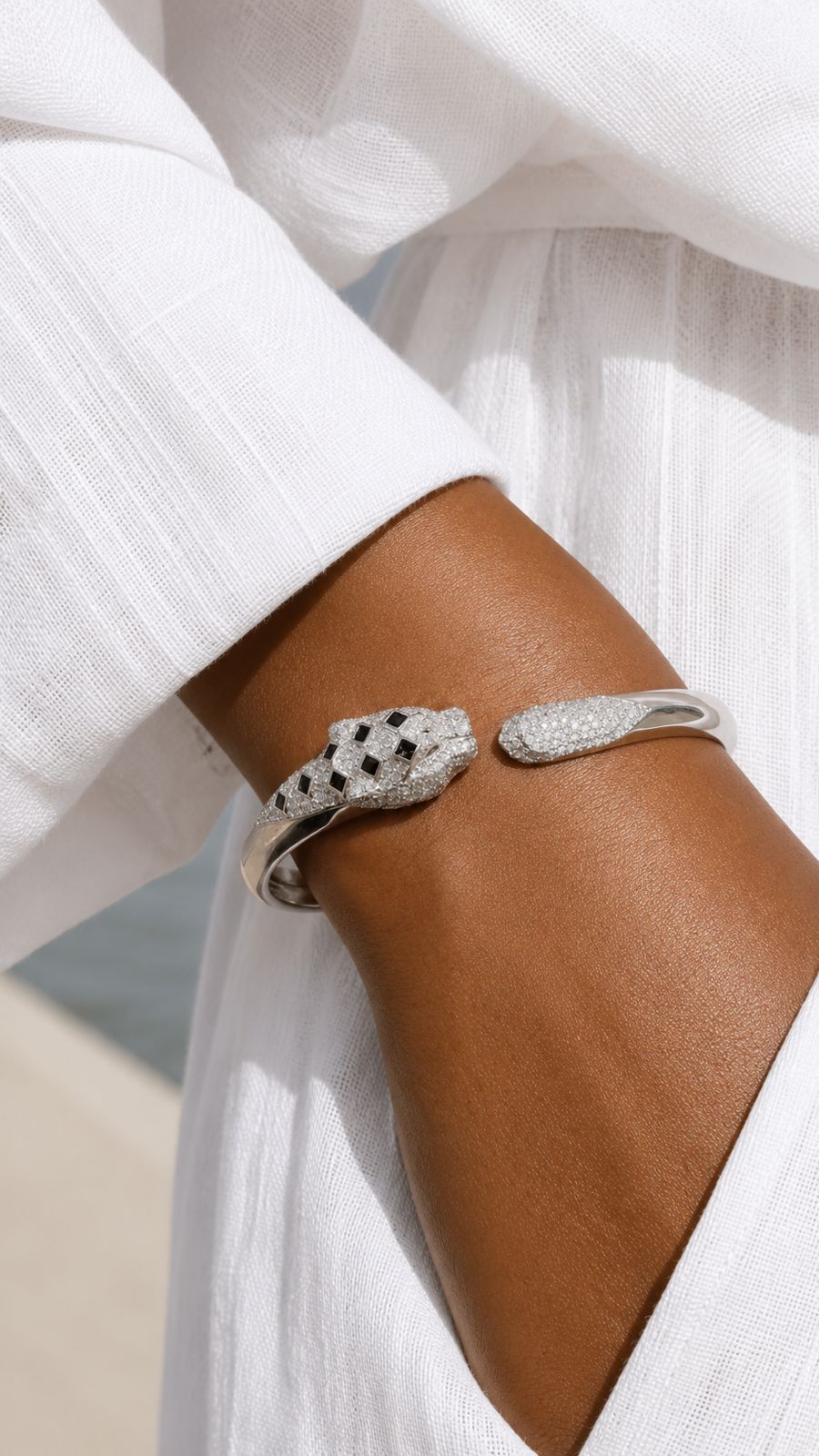 Luxury Brand Inspired Ultra Premium Micro Setting Diamond Openable Panther Bracelet with Green Emerald Eye Detailing on Pure 925 Silver