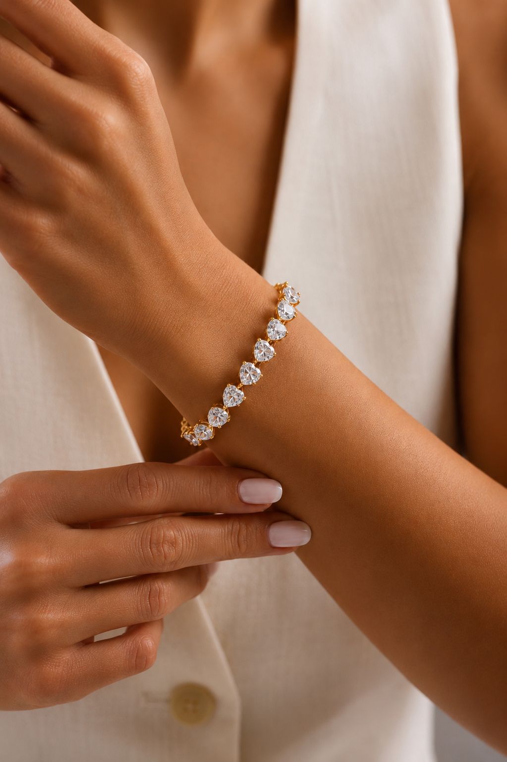 50 Pointer 18k Gold Finish Premium Heart Solitaire Tennis Bracelet on Pure 925 Silver ( 50 Cents Each Solitaire )
