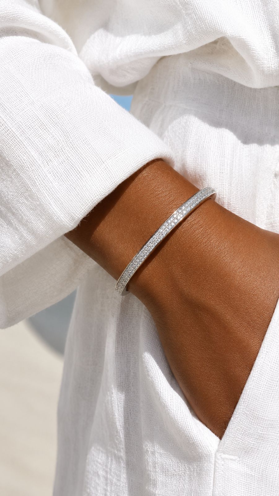 American Diamond Studded Pure 925 Silver Openable Villow Kada Bracelet