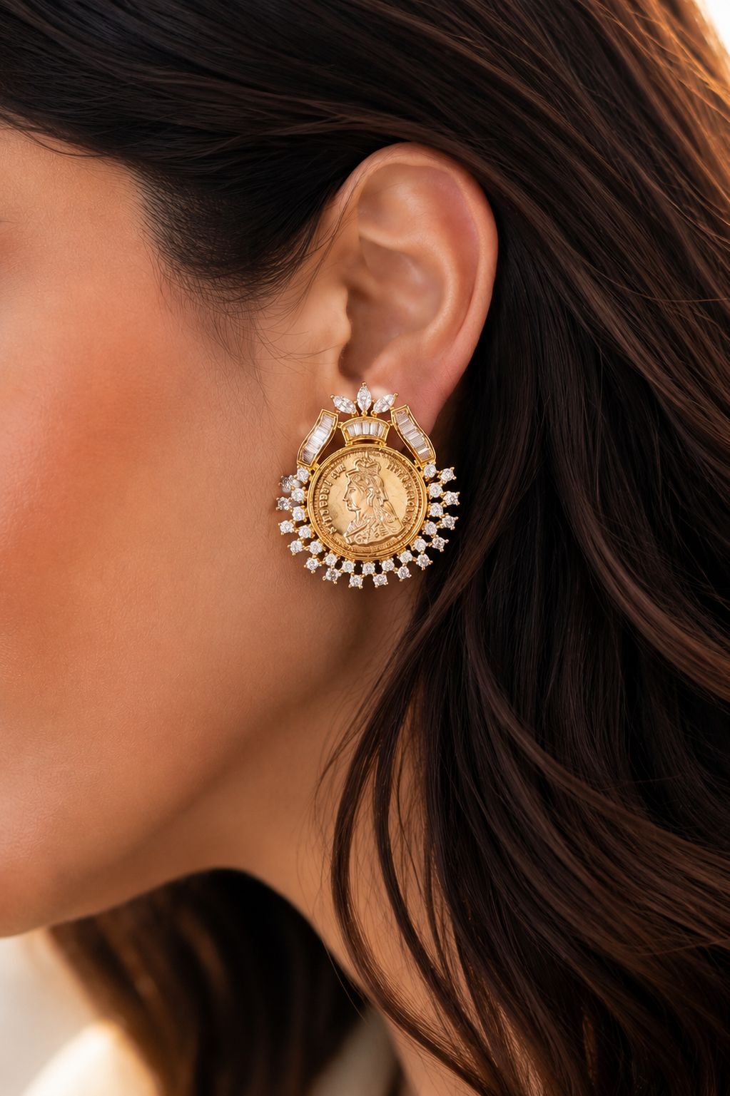TOJ Everyday -  Gold Finish Ginni Gold Coin Earrings with CZ Diamonds