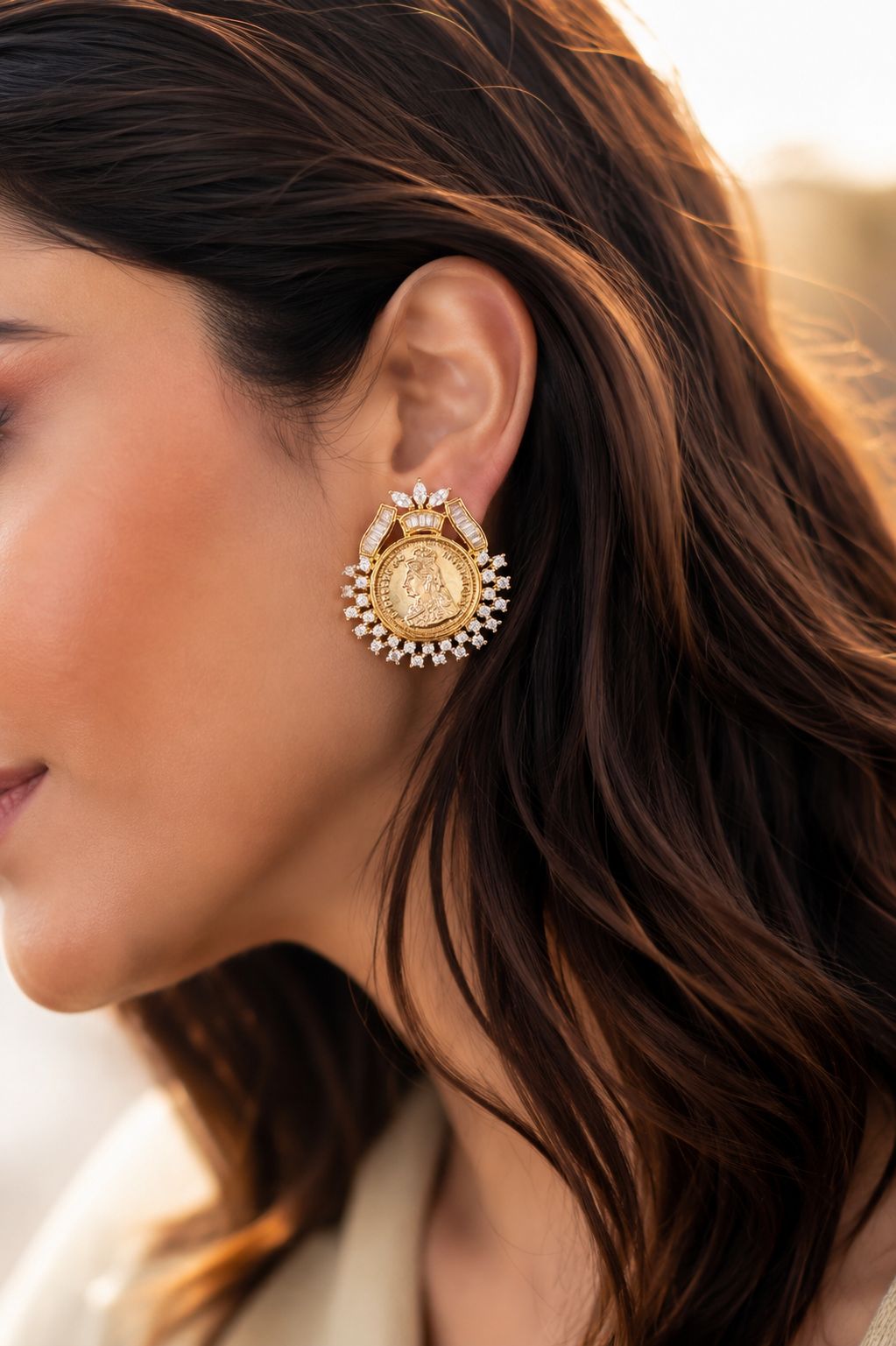 TOJ Everyday -  Gold Finish Ginni Gold Coin Earrings with CZ Diamonds