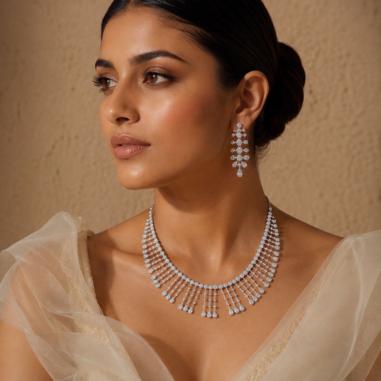 Twenty One Jewels 925 Silver American Diamond Bridal Necklace Set with Earrings | Luxury Wedding & Cocktail Jewellery Set