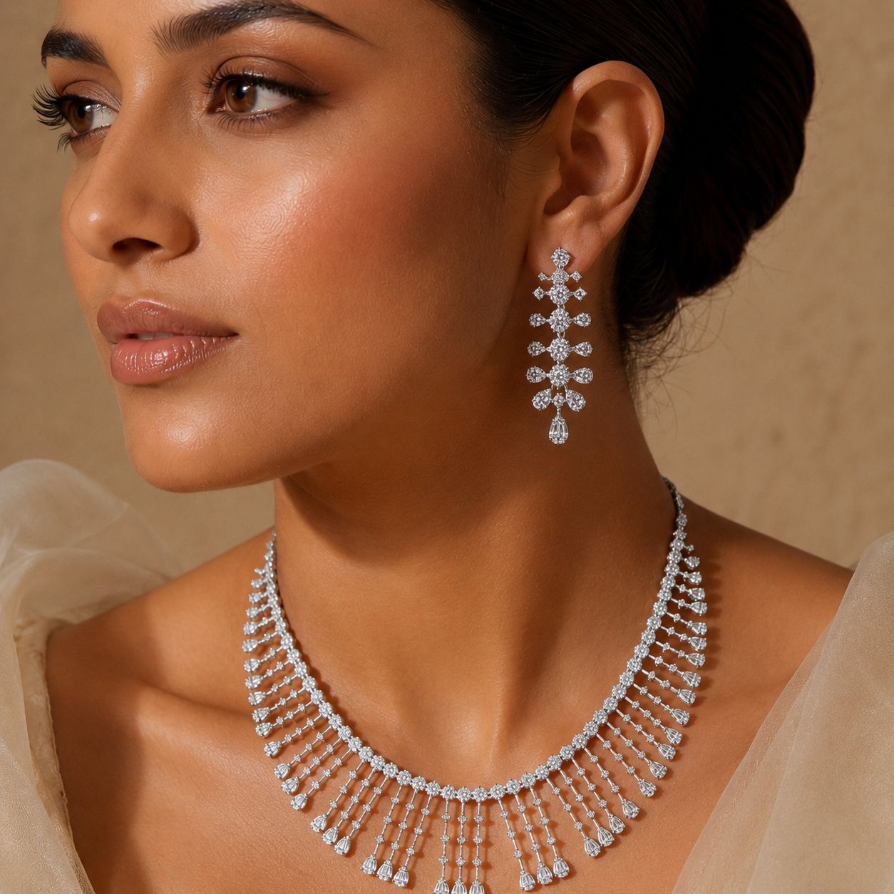 Twenty One Jewels 925 Silver American Diamond Bridal Necklace Set with Earrings | Luxury Wedding & Cocktail Jewellery Set