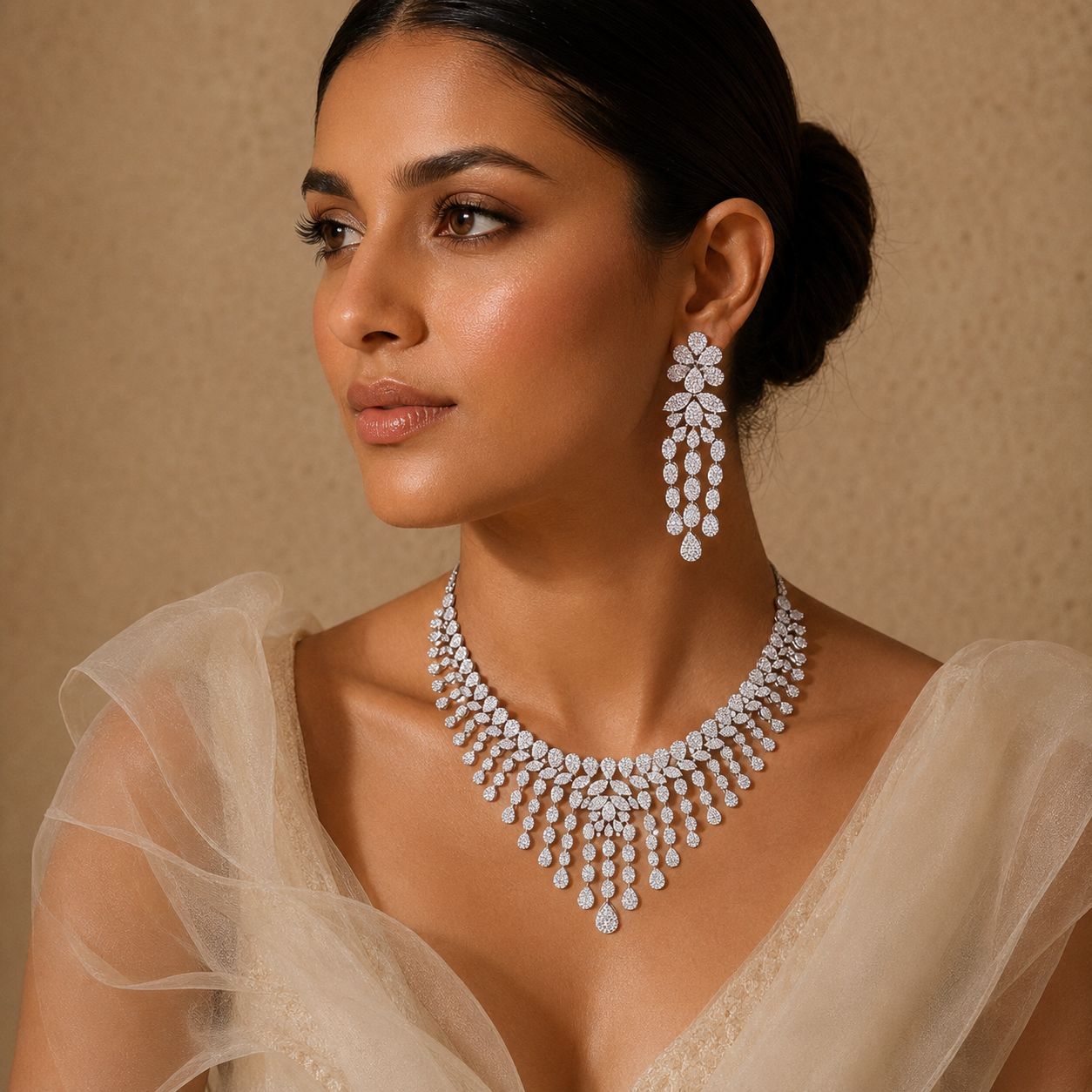925 Silver Bridal Pressure Setting Necklace Set with Matching Earrings | Luxury CZ Wedding Jewellery Set for Women