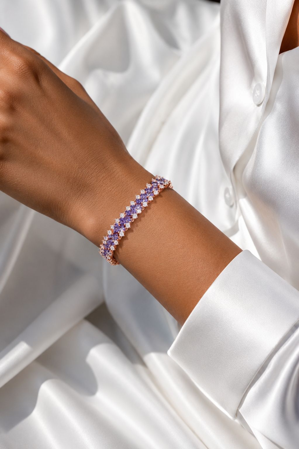 Ultra Premium Purple Amethyst Sugar Loaf Rose Gold Finish Tennis Bracelet on Pure 925 Silver