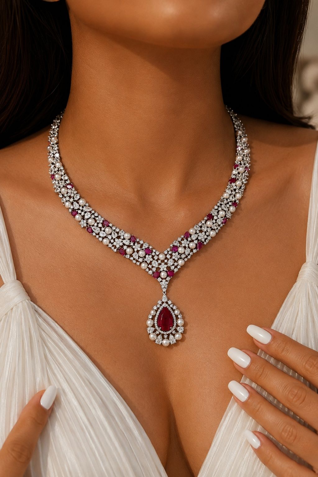 TOJ Everyday - Premium Ruby Drop and Fresh Water Pearl Nytara Necklace Set with Earrings