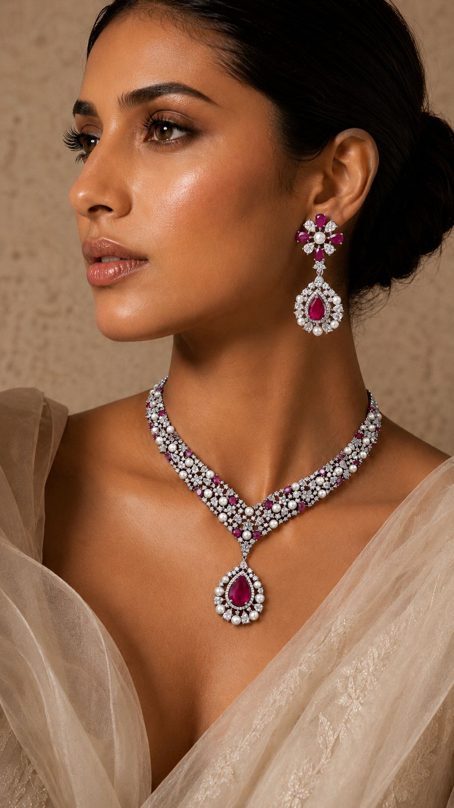 TOJ Everyday - Premium Ruby Drop and Fresh Water Pearl Nytara Necklace Set with Earrings
