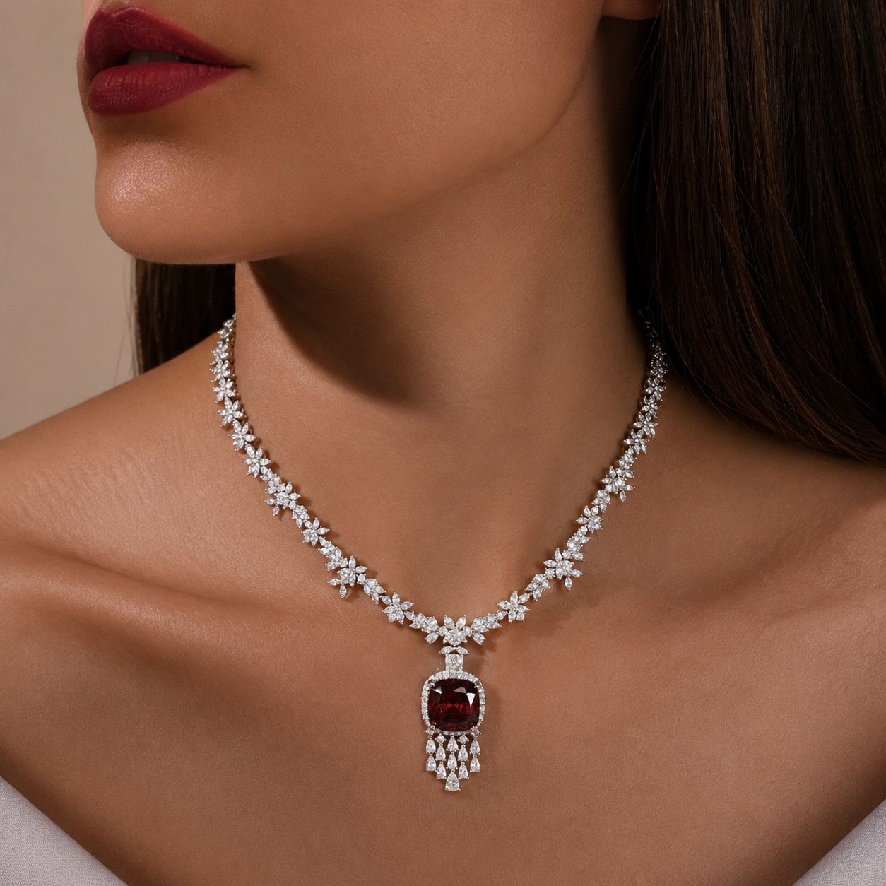 TOJ Everyday - Deep Wine Cushion and Fancy Diamond Bridal Wedding Necklace Set with Earrings