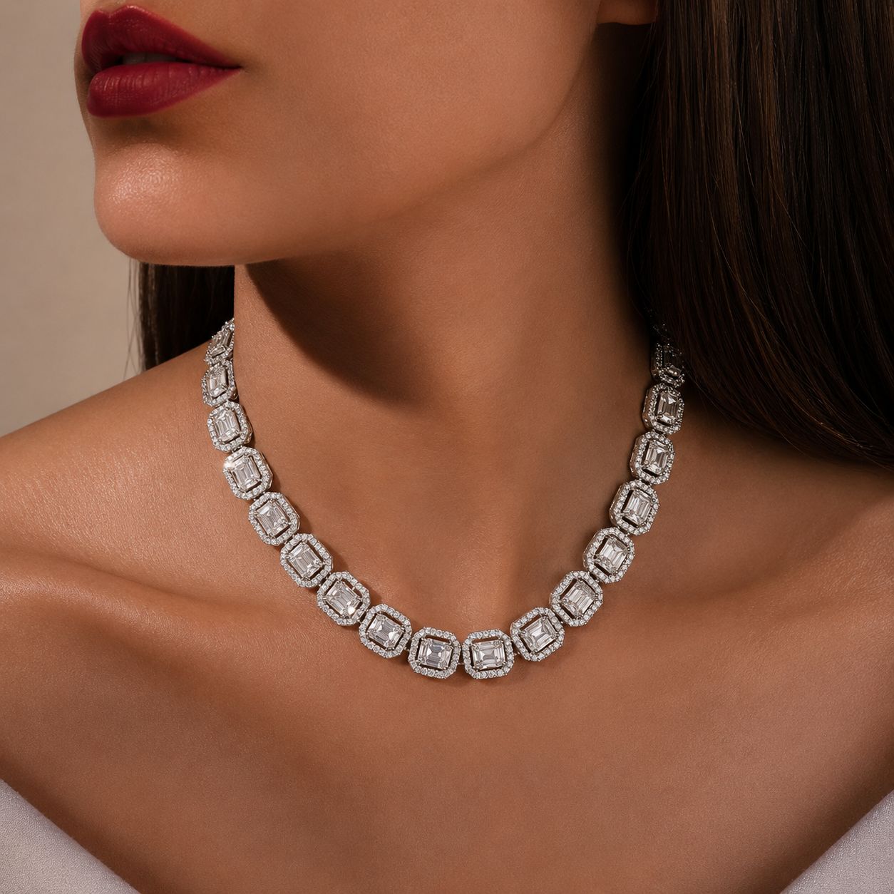 TOJ Everyday - Emerald Cut Solitaire Single Line Necklace Set with Earrings