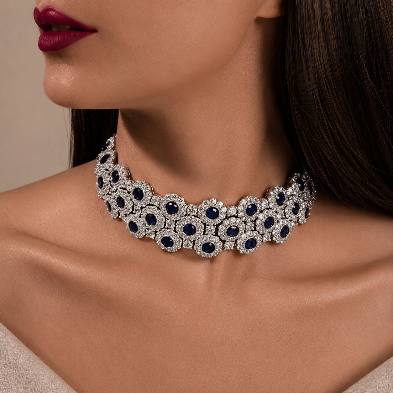TOJ Everyday - Blue Sapphire and Diamond Premium Party Choker Necklace Set with Earrings