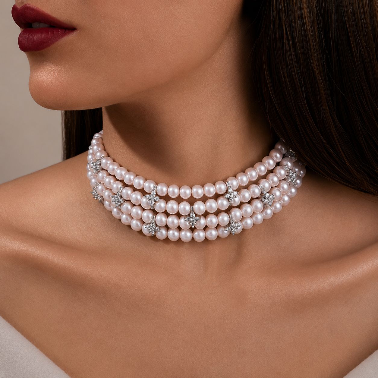 TOJ Everyday - Four Line Pink Natural Fresh Water Pearl Choker Necklace with American Diamonds for Women