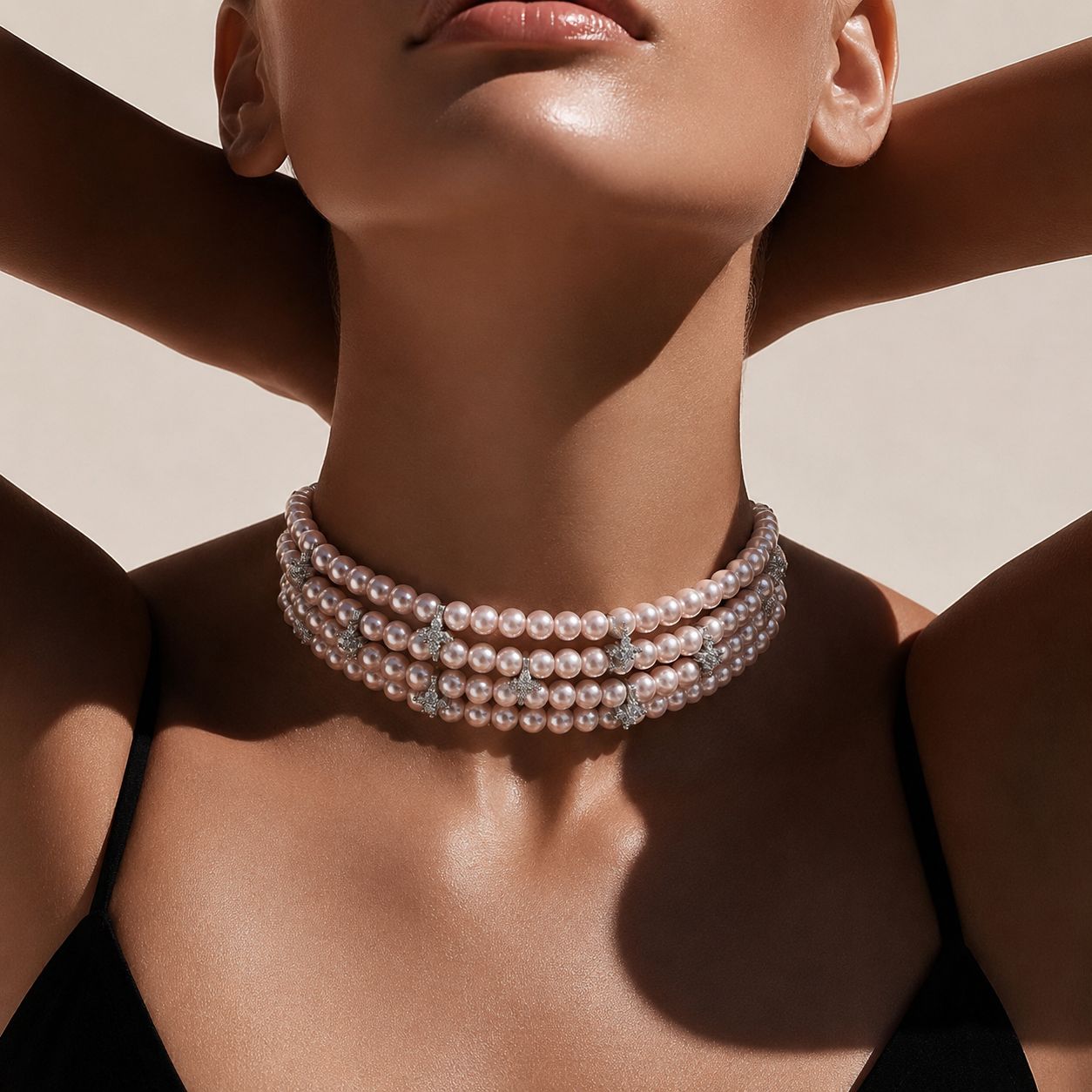 TOJ Everyday - Four Line Pink Natural Fresh Water Pearl Choker Necklace with American Diamonds for Women