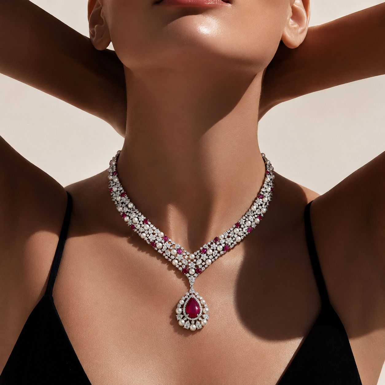 TOJ Everyday - Premium Ruby Drop and Fresh Water Pearl Nytara Necklace Set with Earrings