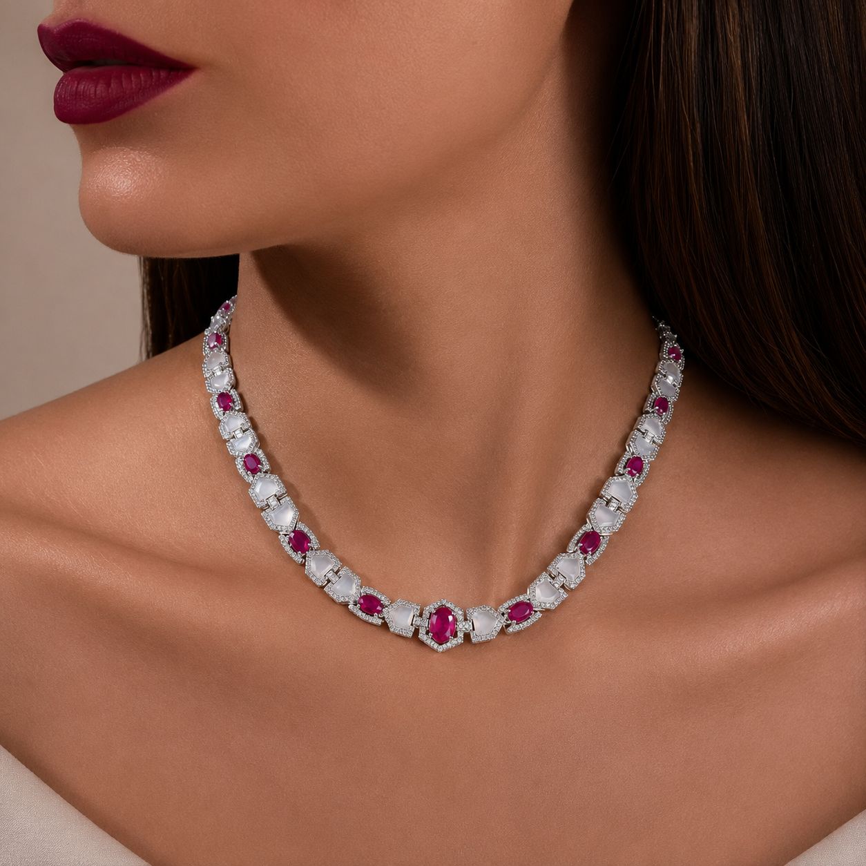 TOJ Everyday - Premium Ruby and Mother of Pearl Janice Necklace Set with Earrings