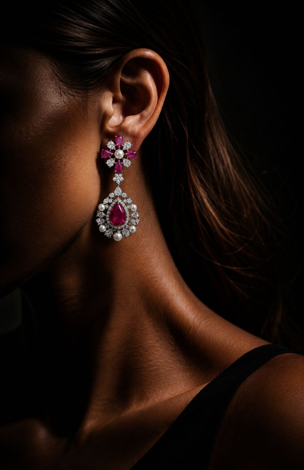 TOJ Everyday - Premium Ruby Drop and Fresh Water Pearl Nytara Necklace Set with Earrings