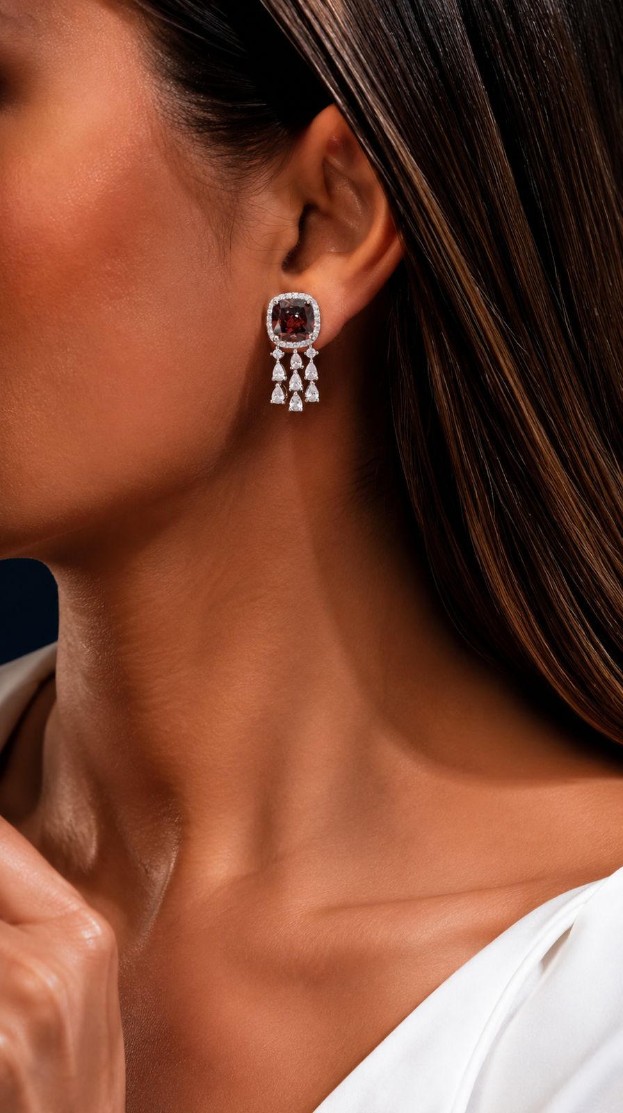 TOJ Everyday - Deep Wine Cushion and Fancy Diamond Bridal Wedding Necklace Set with Earrings