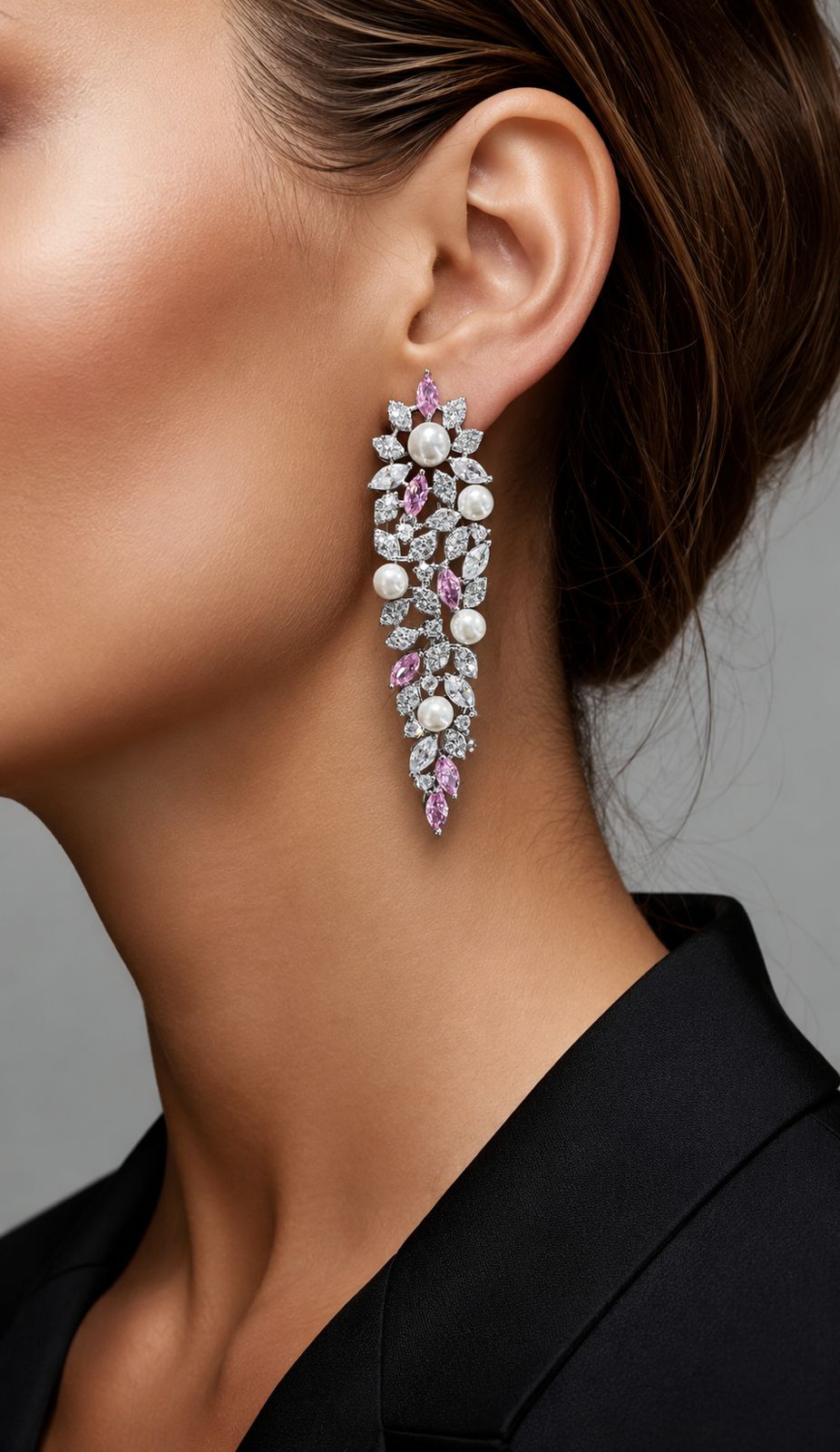 TOJ Everyday - Premium Pink Marquise Diamond and Fresh Water Pearl Solace Cocktail Necklace Set with Earrings