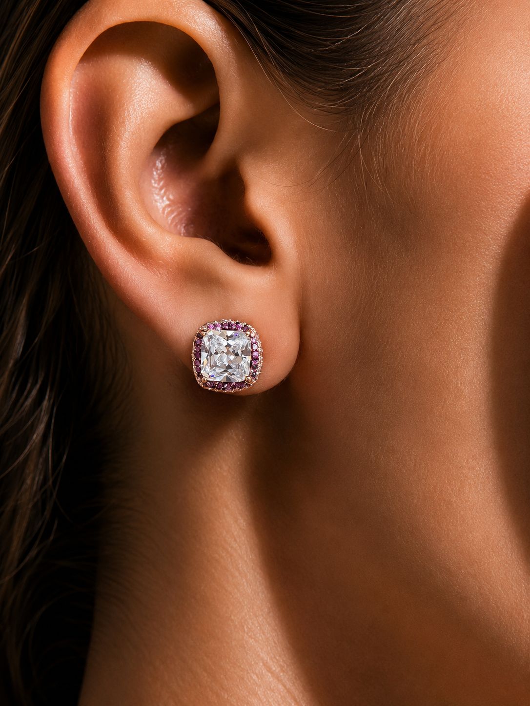 Rose Gold with Ruby Diamond Studded Roza Studs On 925 Silver