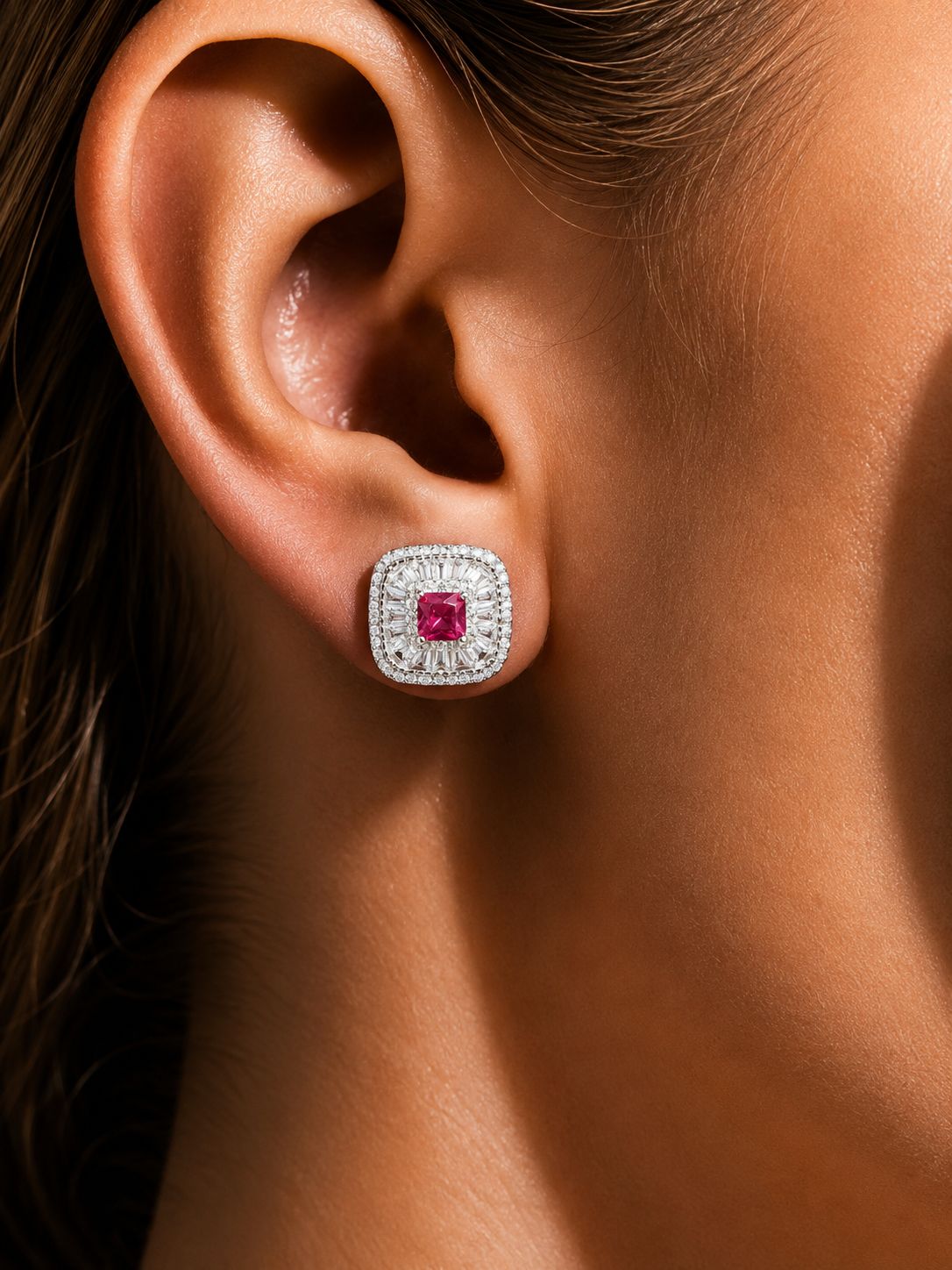 American Diamond Maharani Sehnat Ruby Studs on Pure 925 Silver