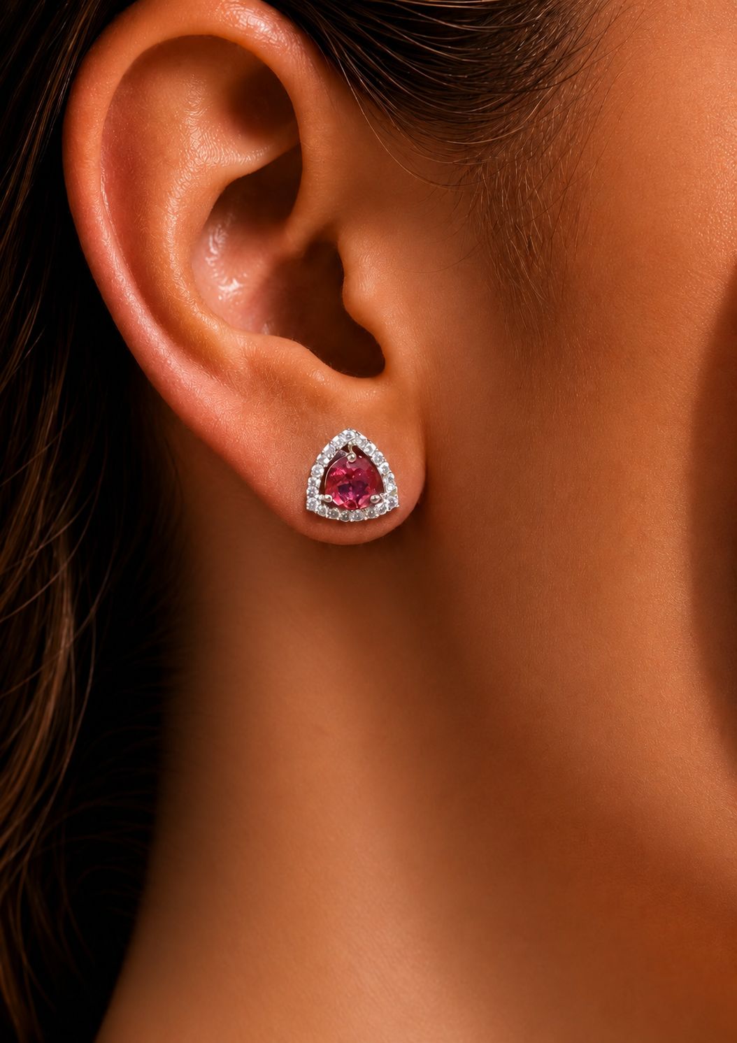 Trillion Cut American Diamond Red Ruby Solitaire Stud Earrings for Women | Anti Tarnish Halo CZ Stud Earrings