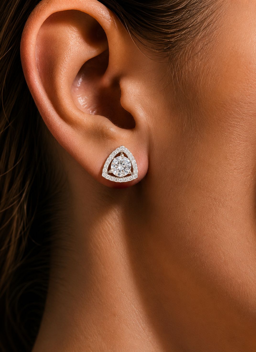 Trillion Cut American Diamond Solitaire Stud Earrings for Women | Anti Tarnish Halo CZ Stud Earrings