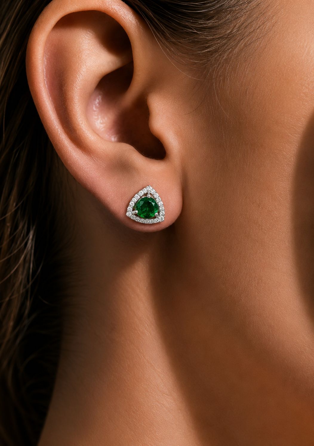 Trillion Cut American Diamond Emerald Green Solitaire Stud Earrings for Women | Anti Tarnish Halo CZ Stud Earrings