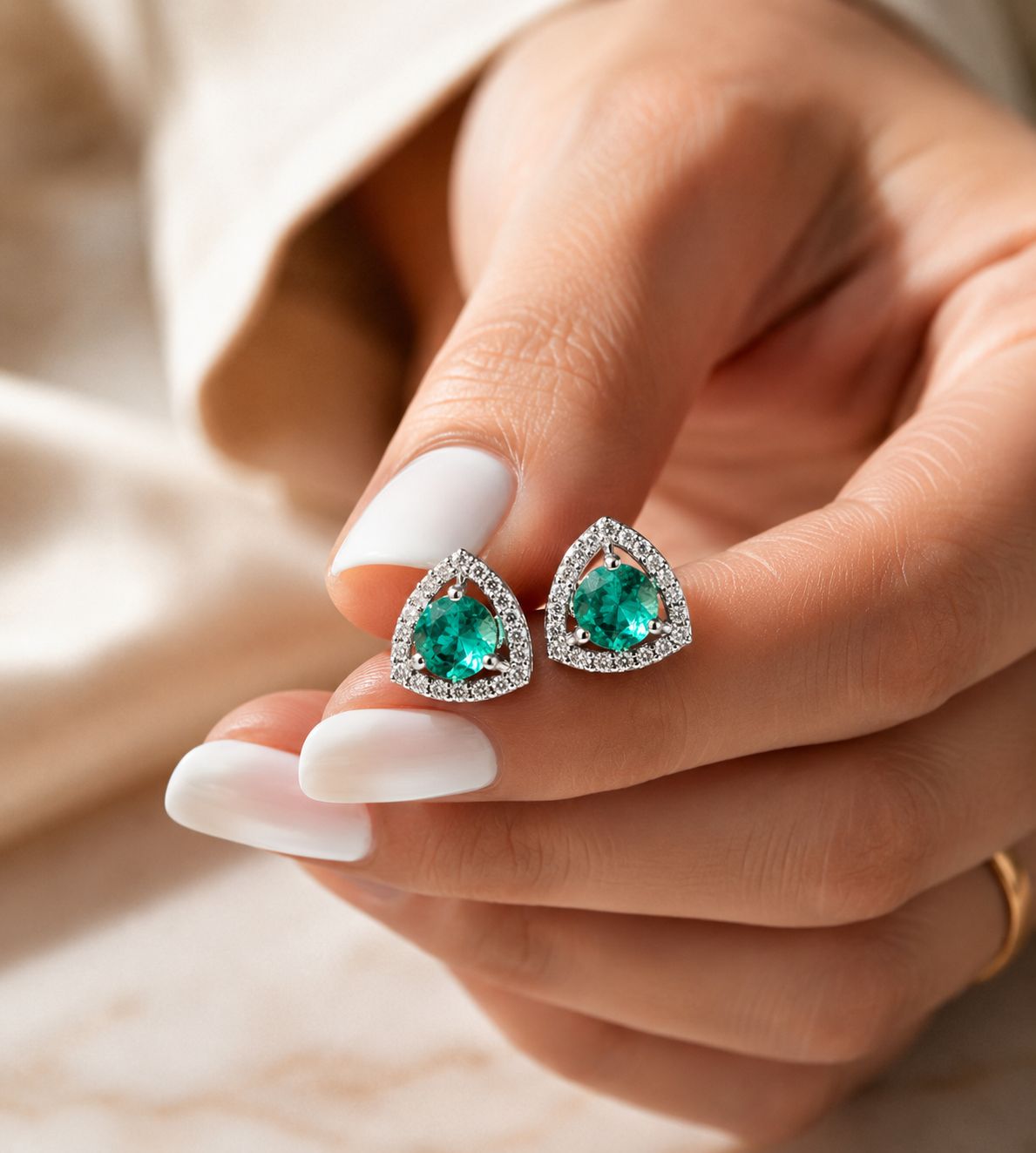 Trillion Cut American Diamond Aqua Green Solitaire Stud Earrings for Women | Anti Tarnish Halo CZ Stud Earrings