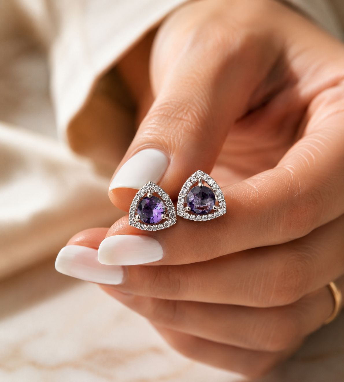 Trillion Cut American Diamond Purple Amethyst Solitaire Stud Earrings for Women | Anti Tarnish Halo CZ Stud Earrings