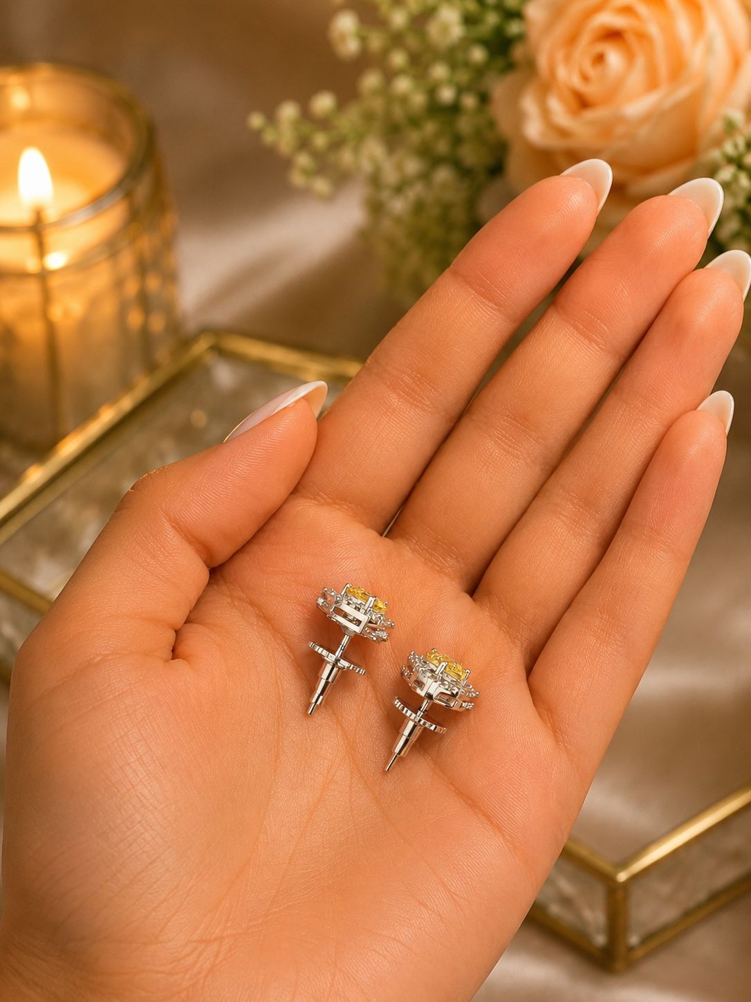 Trillion Cut American Diamond Yellow Solitaire Stud Earrings for Women | Anti Tarnish Halo CZ Stud Earrings