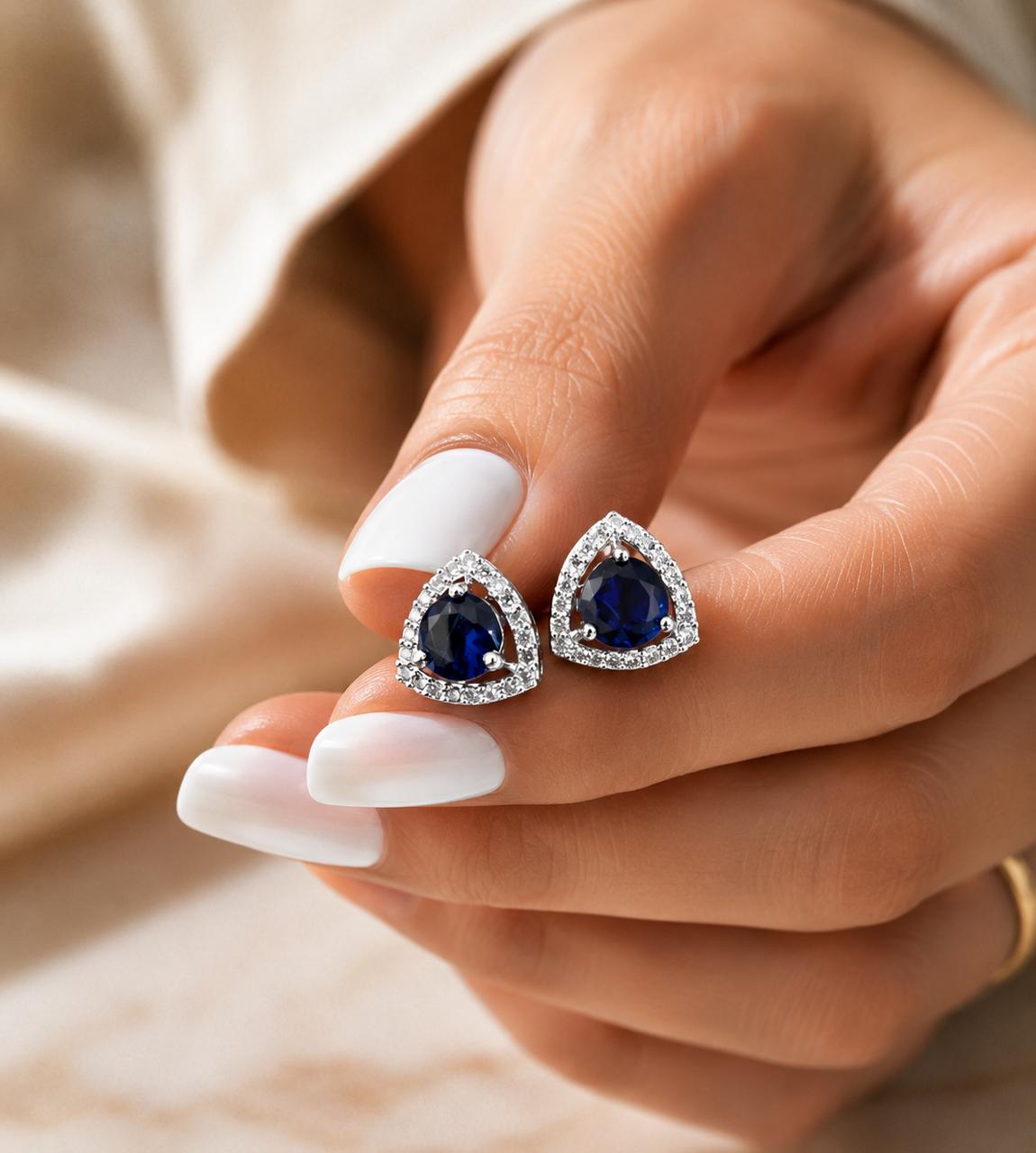 Trillion Cut American Diamond Blue Sapphire Solitaire Stud Earrings for Women | Anti Tarnish Halo CZ Stud Earrings