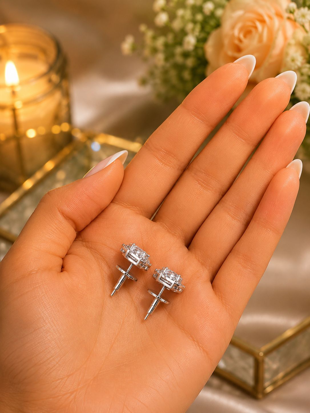 Trillion Cut American Diamond Pink Diamond Solitaire Stud Earrings for Women | Anti Tarnish Halo CZ Stud Earrings