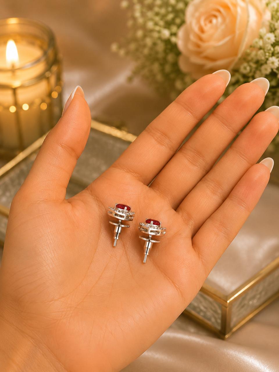 Trillion Cut American Diamond Red Ruby Solitaire Stud Earrings for Women | Anti Tarnish Halo CZ Stud Earrings