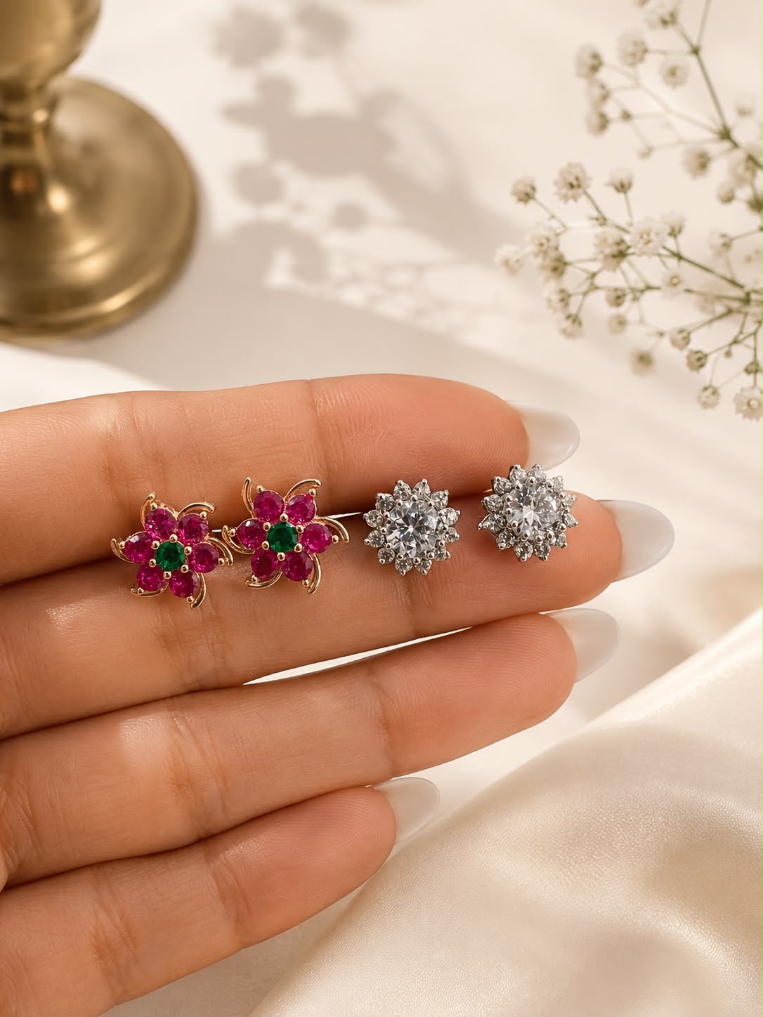 Twenty One Jewels Pure 925 Silver Combo of Ruby Floral Studs and Sunflower Solitaire Studs