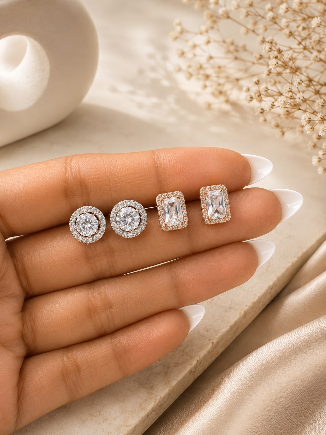 Twenty One Jewels Raksha Bandhan Combo of Mini Halo and Rose Gold Emerald Cut Studs on Pure 925 Silver